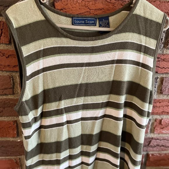 Laura Scott, Sleeveless Green Striped Sweater, Large - Picture 1 of 3